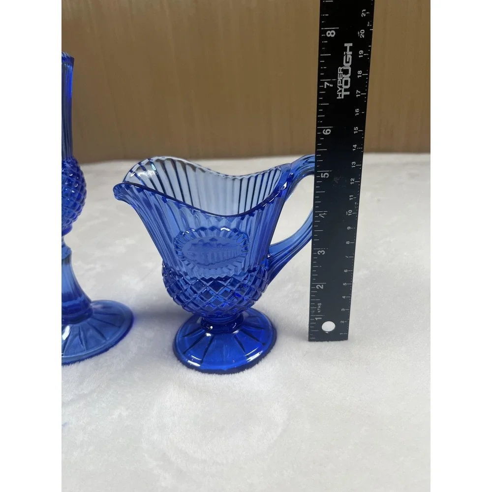 Cobalt Blue Pressed Glass Creamer & Sugar Set‎ Diamond Medallion Pattern